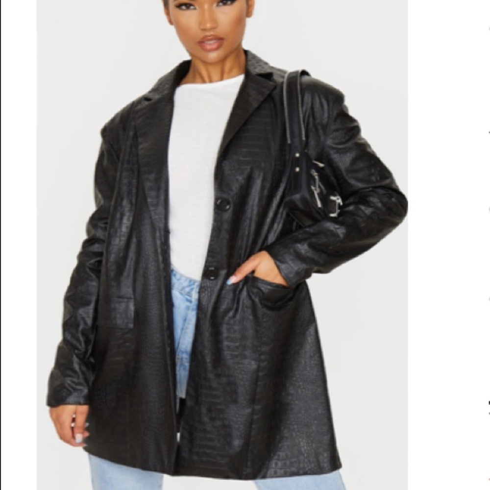 Black Faux Leather Croc Oversized Dad Blazer